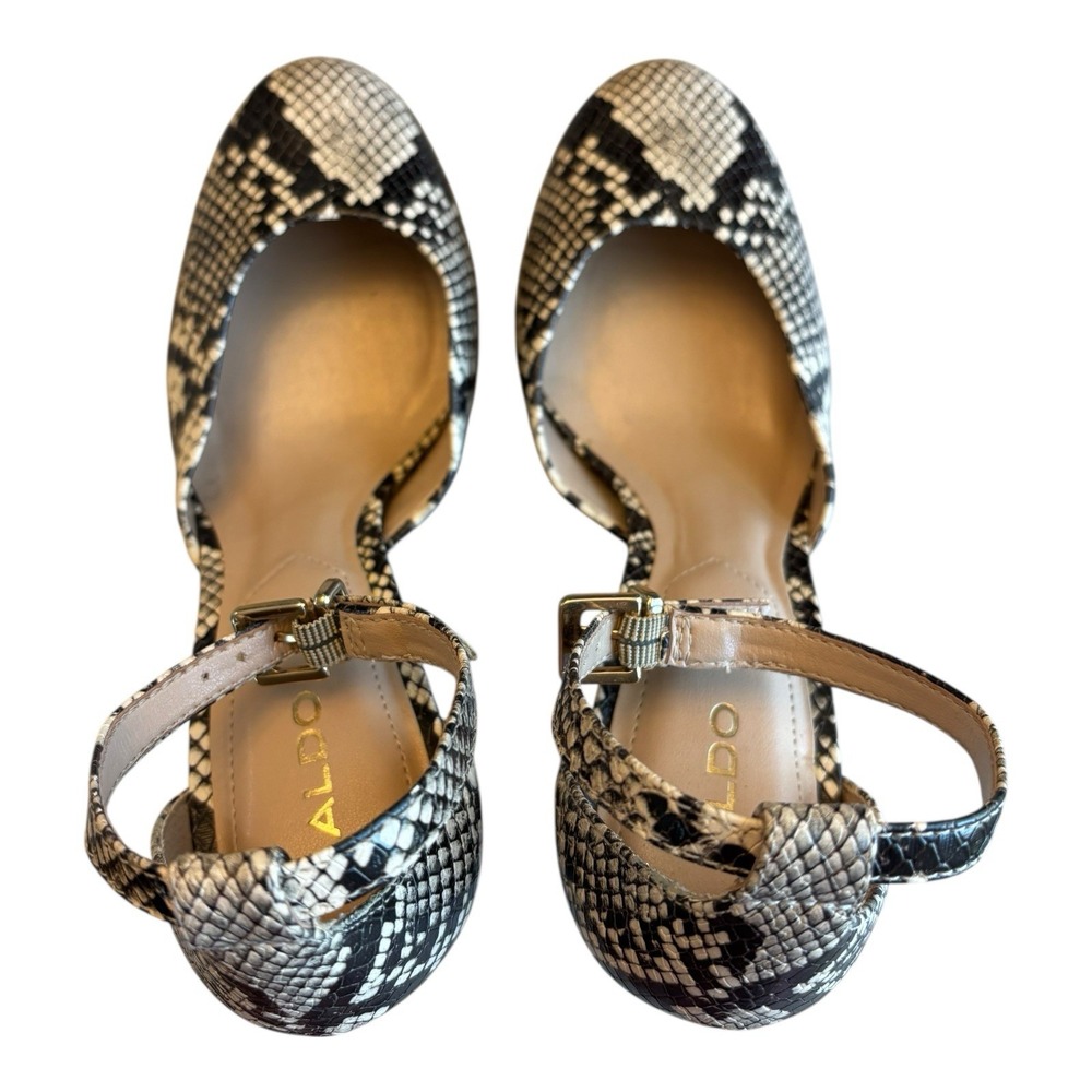 Aldo Pumps Womens 6‎ Black White Snakeskin Block Heels Round Toe Ankle Strap - Picture 3 of 12